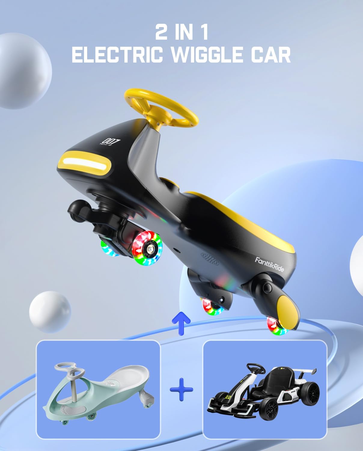 FanttikRide 12V N7 Pro Electric Wiggle Car with Pedal, Rechargeable Battery, CyberWiggle, 2 in 1 Swing Car, 2 Speed, Anti-Rollover, Flashing Wheels, Bluetooth, for Ages 3 and Up, 150 Lbs, Blue-Aldronix