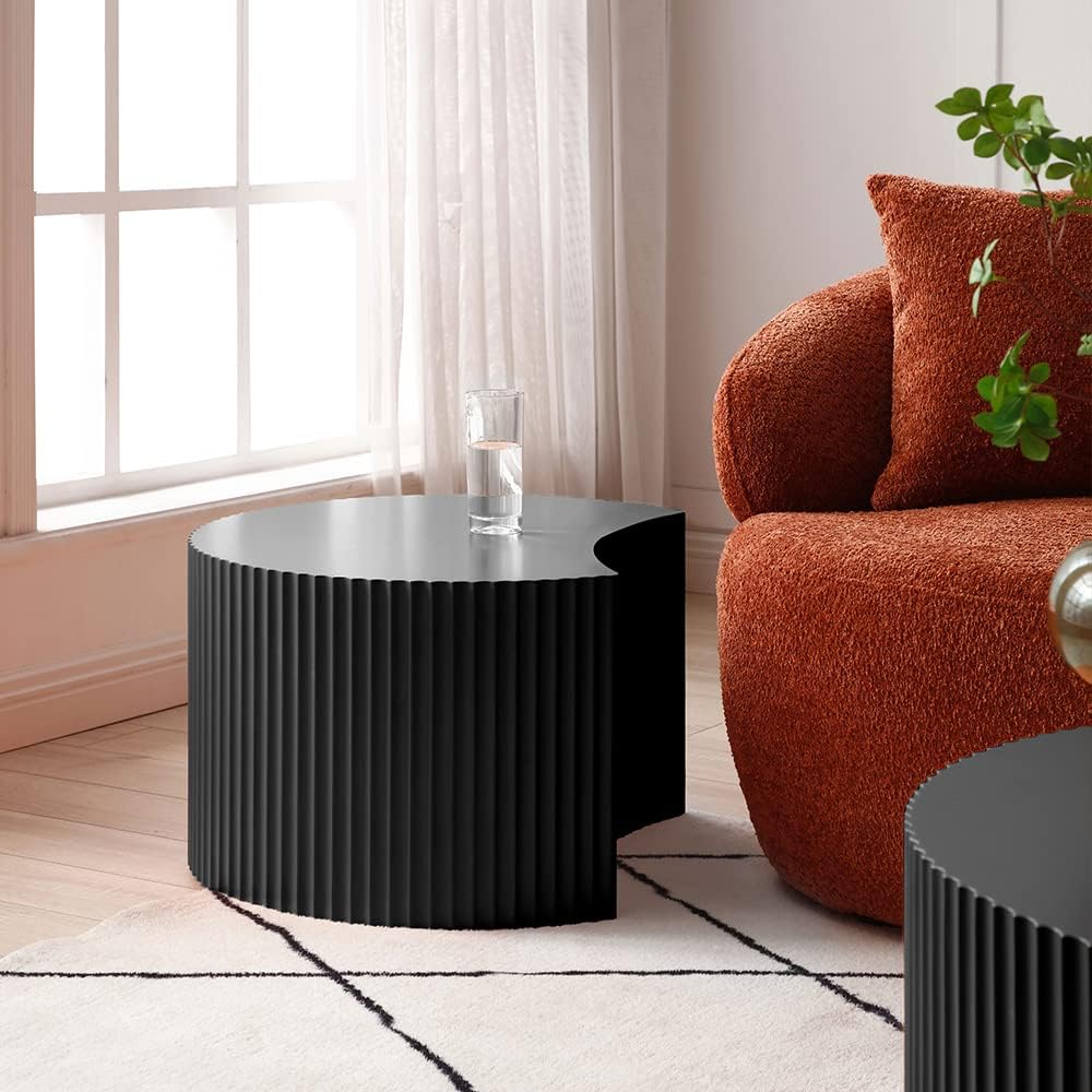Nesting Coffee Table Set of 2, Round & Crescent Moon Wooden Coffee Tables, Modern Luxury Accent End Tea Table for Living Room Apartment (Black-Round)-Aldronix