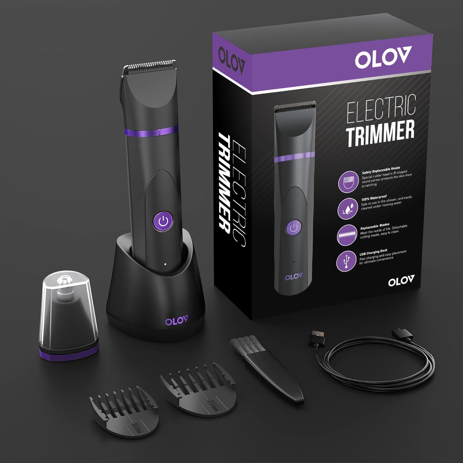  Electric Body Hair Trimmer - Groin Trimmer for Men - Bikini Trimmer Women - Wet/Dry Shaver Groomer, Replaceable Ceramic Blade Heads, USB Recharge Dock, Waterproof Hygiene Razor,Purple-Aldronix