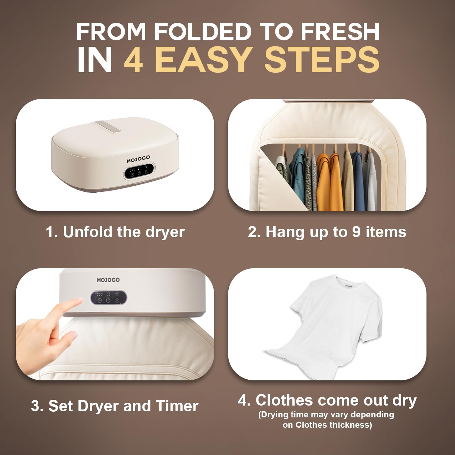 MOJOCO Portable Clothes Dryer - Mini/Compact Dryer for Apartment, RV, Travel - Small Quiet Fast-Drying Machine with Adjustable Timer & Wrinkle-Reducing Heat-Aldronix
