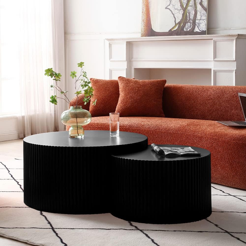 Nesting Coffee Table Set of 2, Round & Crescent Moon Wooden Coffee Tables, Modern Luxury Accent End Tea Table for Living Room Apartment (Black-Round)-Aldronix