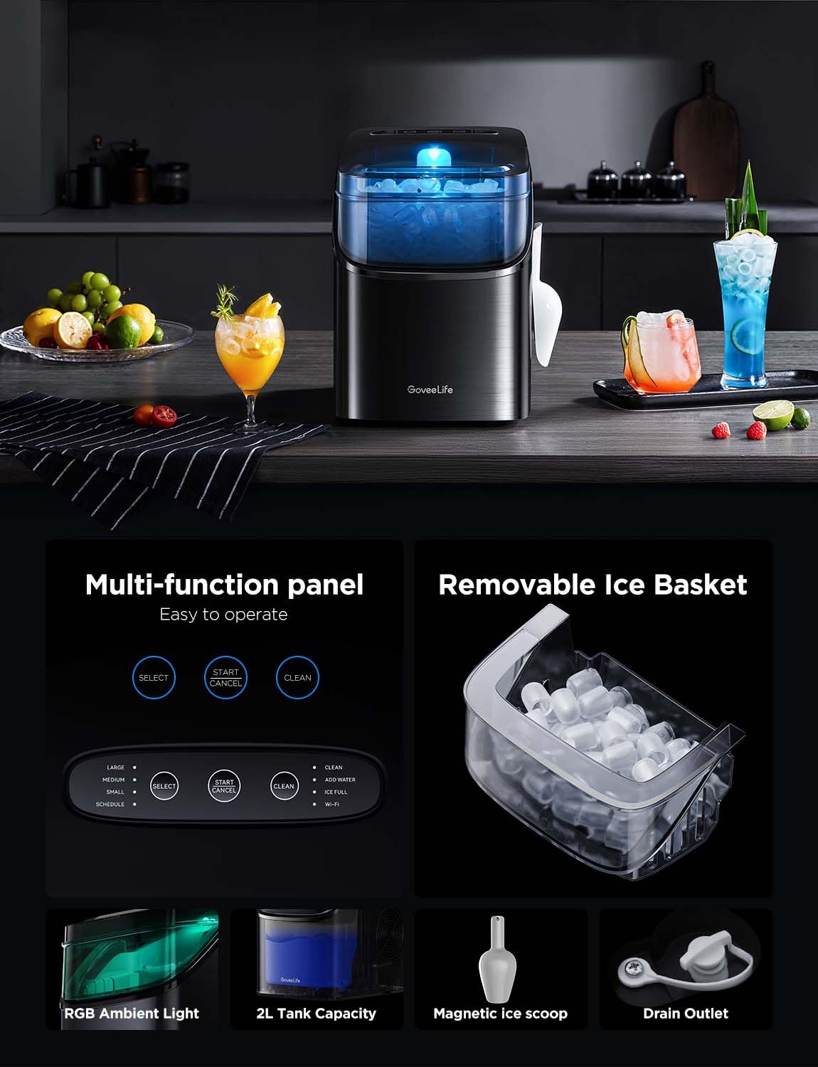 GoveeLife Smart Ice Maker Countertop, Portable Ice Machine with Voice Control, 9 Ice Cubes in 6 Minutes 3 Sizes, 26lbs/24Hrs, Self Cleaning RGB Lights, Quiet Ice Maker with Scoop for Kitchen Silver-Aldronix
