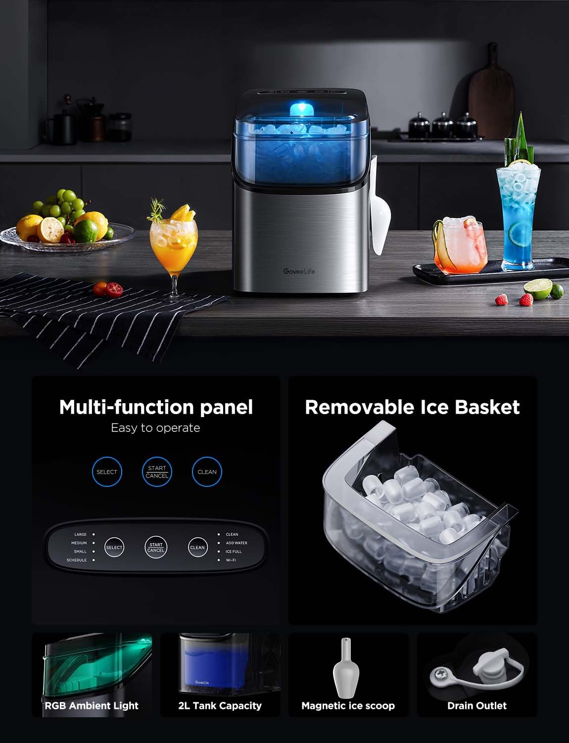 GoveeLife Smart Ice Maker Countertop, Portable Ice Machine with Voice Control, 9 Ice Cubes in 6 Minutes 3 Sizes, 26lbs/24Hrs, Self Cleaning RGB Lights, Quiet Ice Maker with Scoop for Kitchen Silver-Aldronix