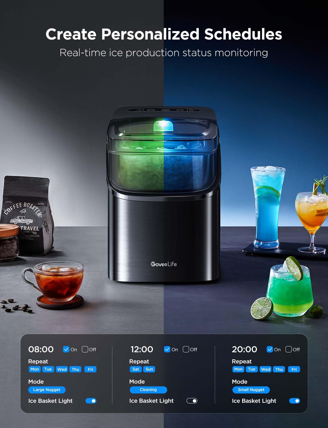 GoveeLife Smart Ice Maker Countertop, Portable Ice Machine with Voice Control, 9 Ice Cubes in 6 Minutes 3 Sizes, 26lbs/24Hrs, Self Cleaning RGB Lights, Quiet Ice Maker with Scoop for Kitchen Silver-Aldronix