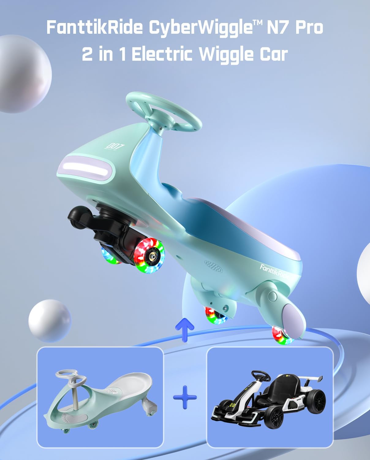 FanttikRide 12V N7 Pro Electric Wiggle Car with Pedal, Rechargeable Battery, CyberWiggle, 2 in 1 Swing Car, 2 Speed, Anti-Rollover, Flashing Wheels, Bluetooth, for Ages 3 and Up, 150 Lbs, Blue-Aldronix