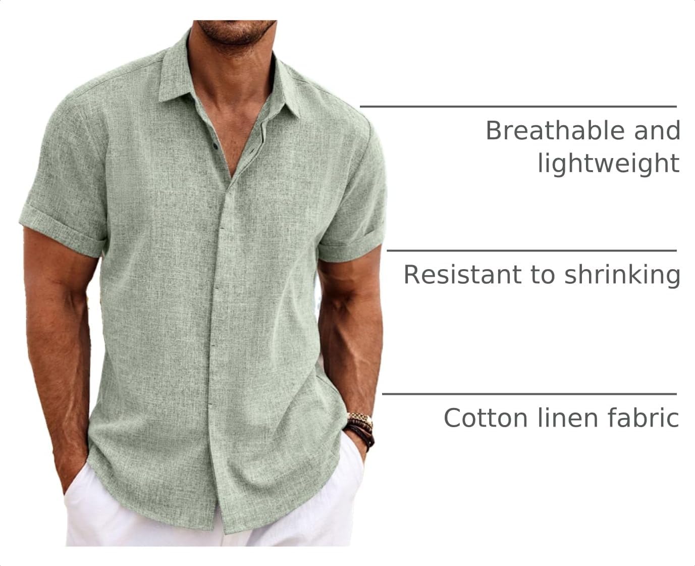 Men's Cotton Linen Short Sleeve Button Down Shirt in White