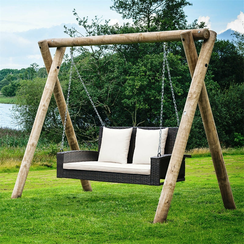 2-Person Outdoor Wicker Hanging Porch Swing Bench with 3 Cushions-Aldronix