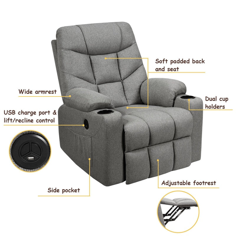 Power Lift Recliner Chair Fabric Electric Massage Reclining Sofa Elderly Lift Chair with 8 Point Massage Lumbar Heat USB Charge Port-Aldronix