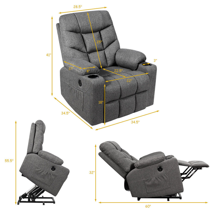 Power Lift Recliner Chair Fabric Electric Massage Reclining Sofa Elderly Lift Chair with 8 Point Massage Lumbar Heat USB Charge Port-Aldronix