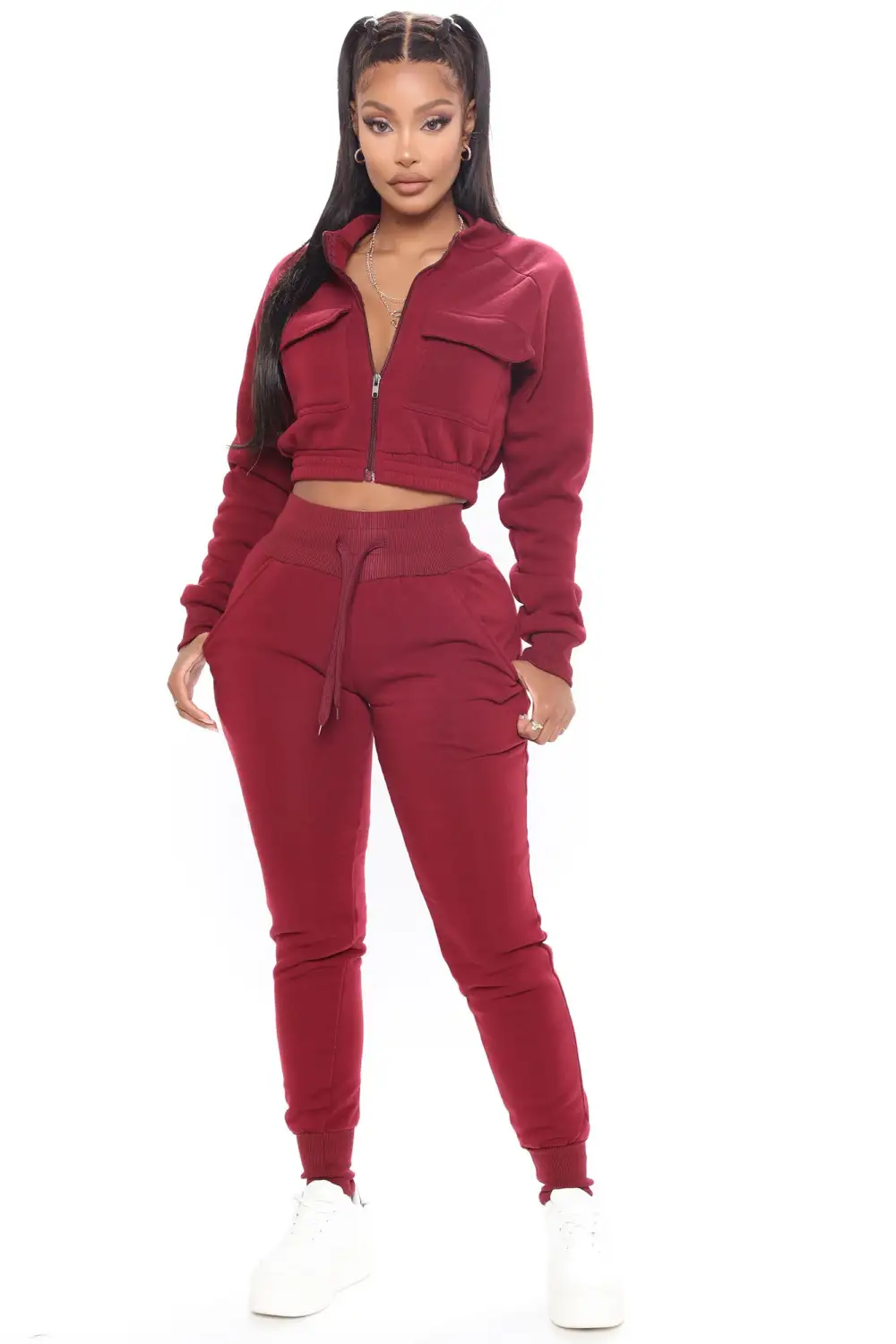 Crop Jacket Jogger Pant Fleece Set - Burgundy-Aldronix