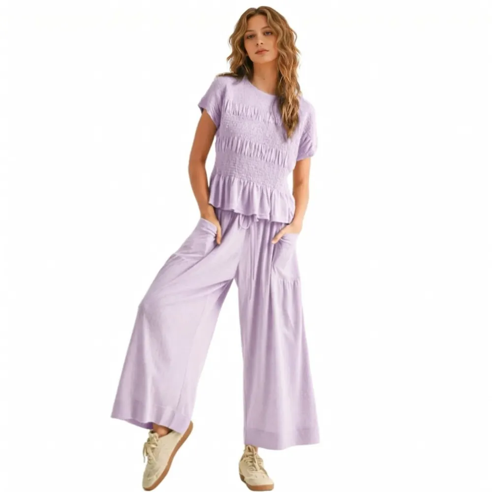 Women’s 2-Piece Smocked Top & Wide-Leg Pants Set-Aldronix