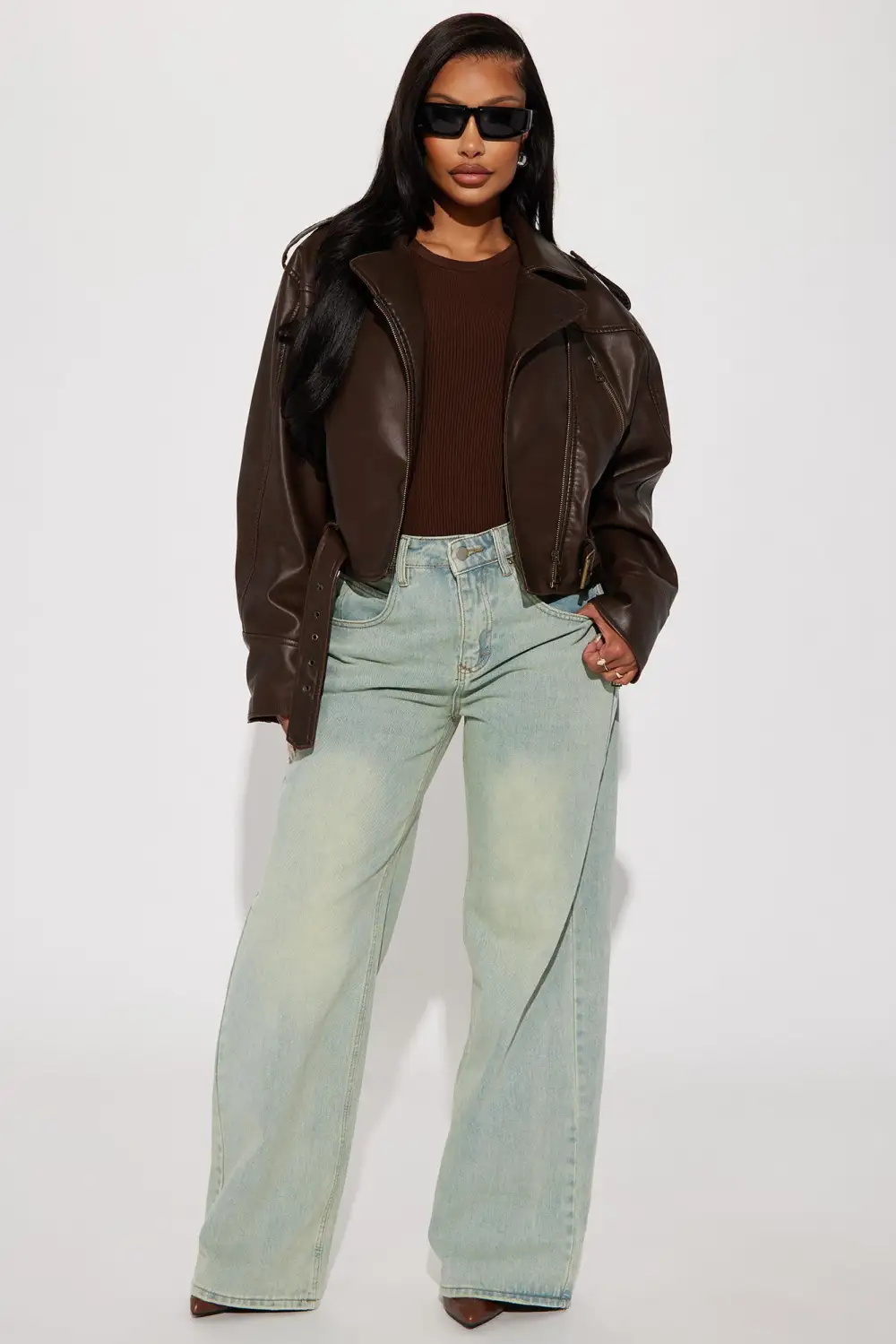 Check The Deets Faux Leather Moto Jacket - Brown-Aldronix