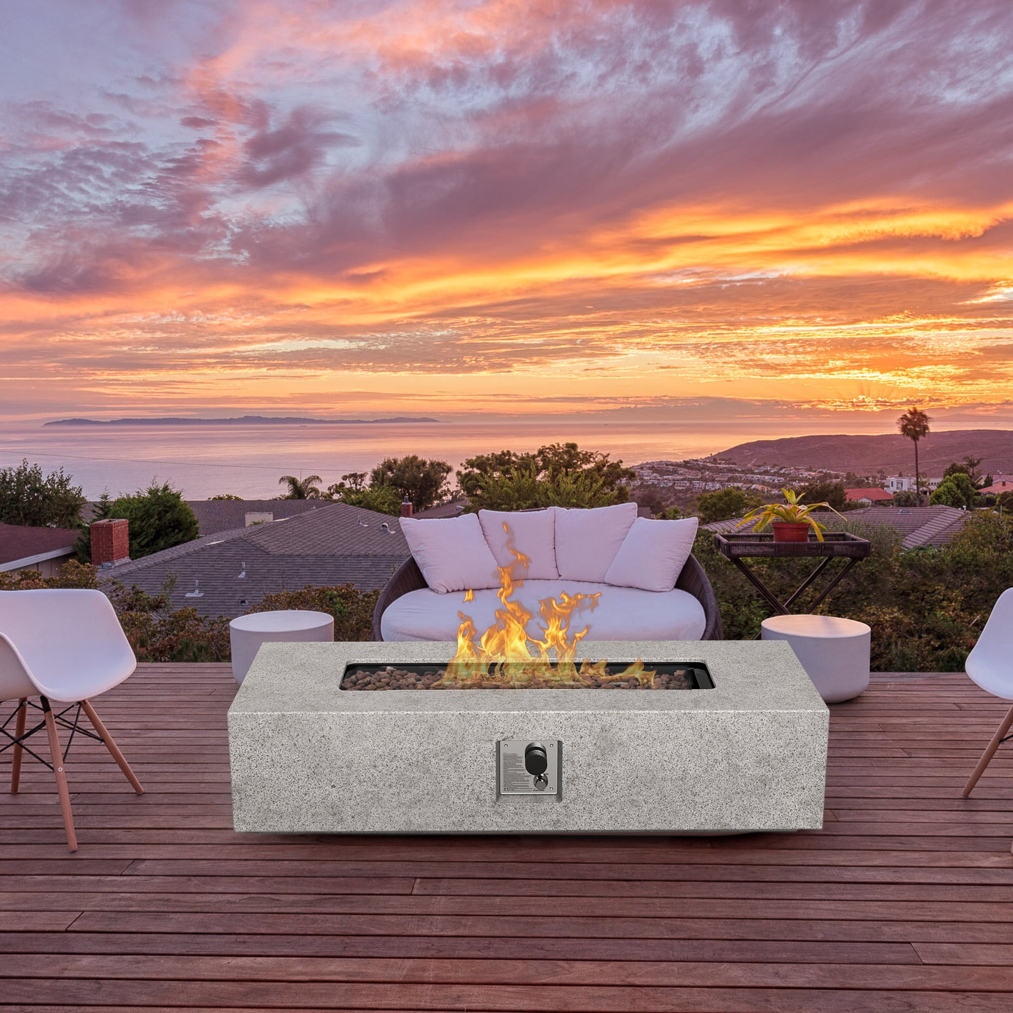 56 inch Concrete Propane Fire Pit Table, 50,000 BTU Outdoor Firepit Rectangular Table with Propane Tank Metal Stand, Fire Glass Beads and Waterproof Cover, White-Aldronix