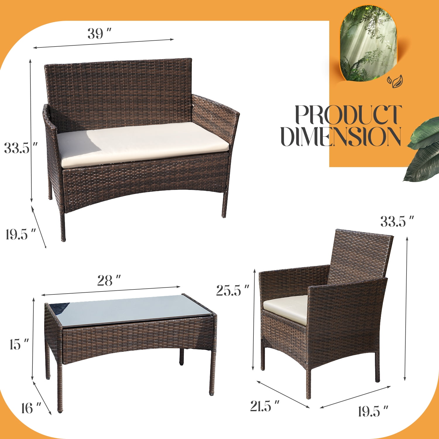 4 Pieces Patio Conversation Set Outdoor PE Rattan Wicker Chairs Set and Table, Brown-Aldronix