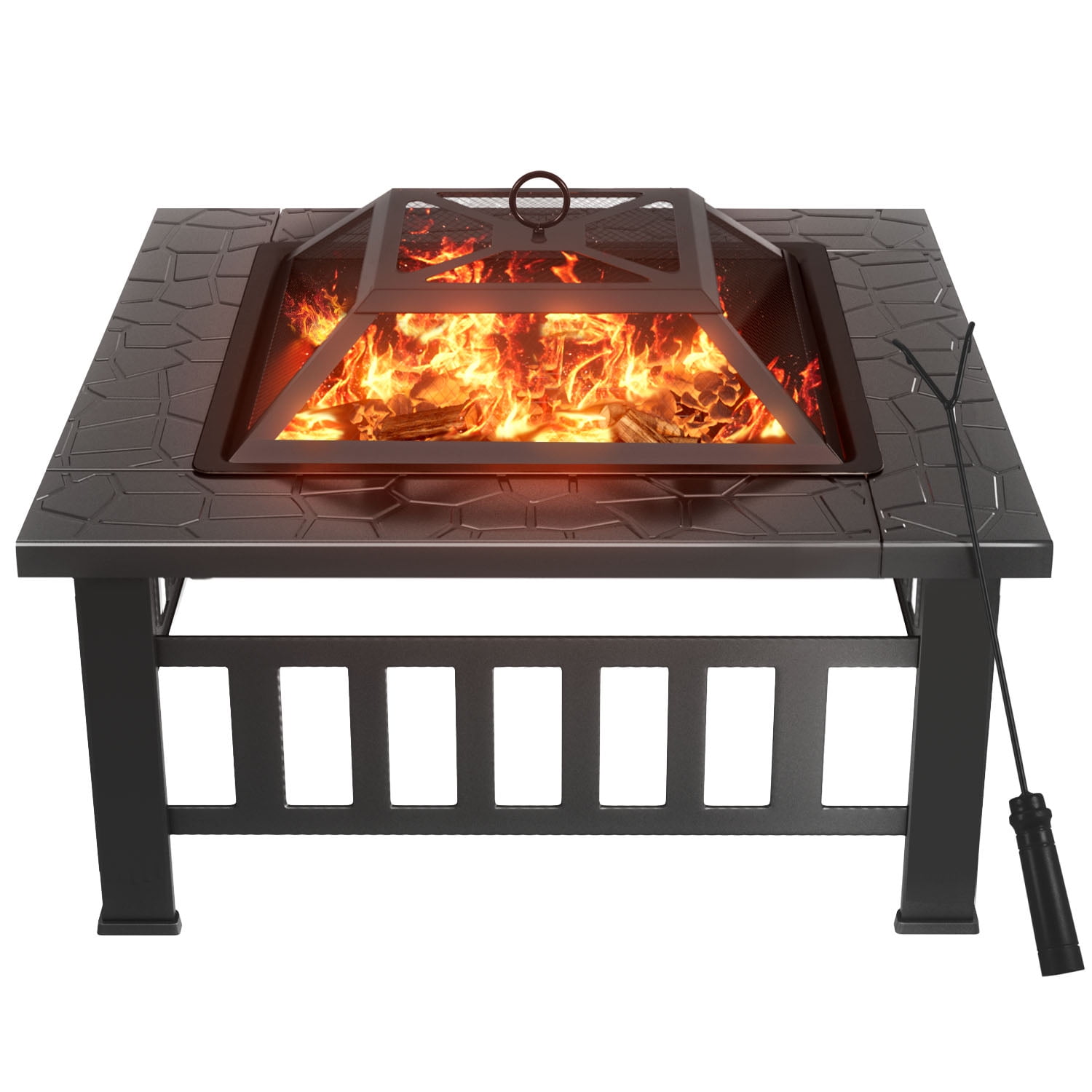 32" Patio Square Fire Pit Table for Patio Backyard BBQ, Ice Storage with Mesh Lid, Poker and Cover, Black-Aldronix