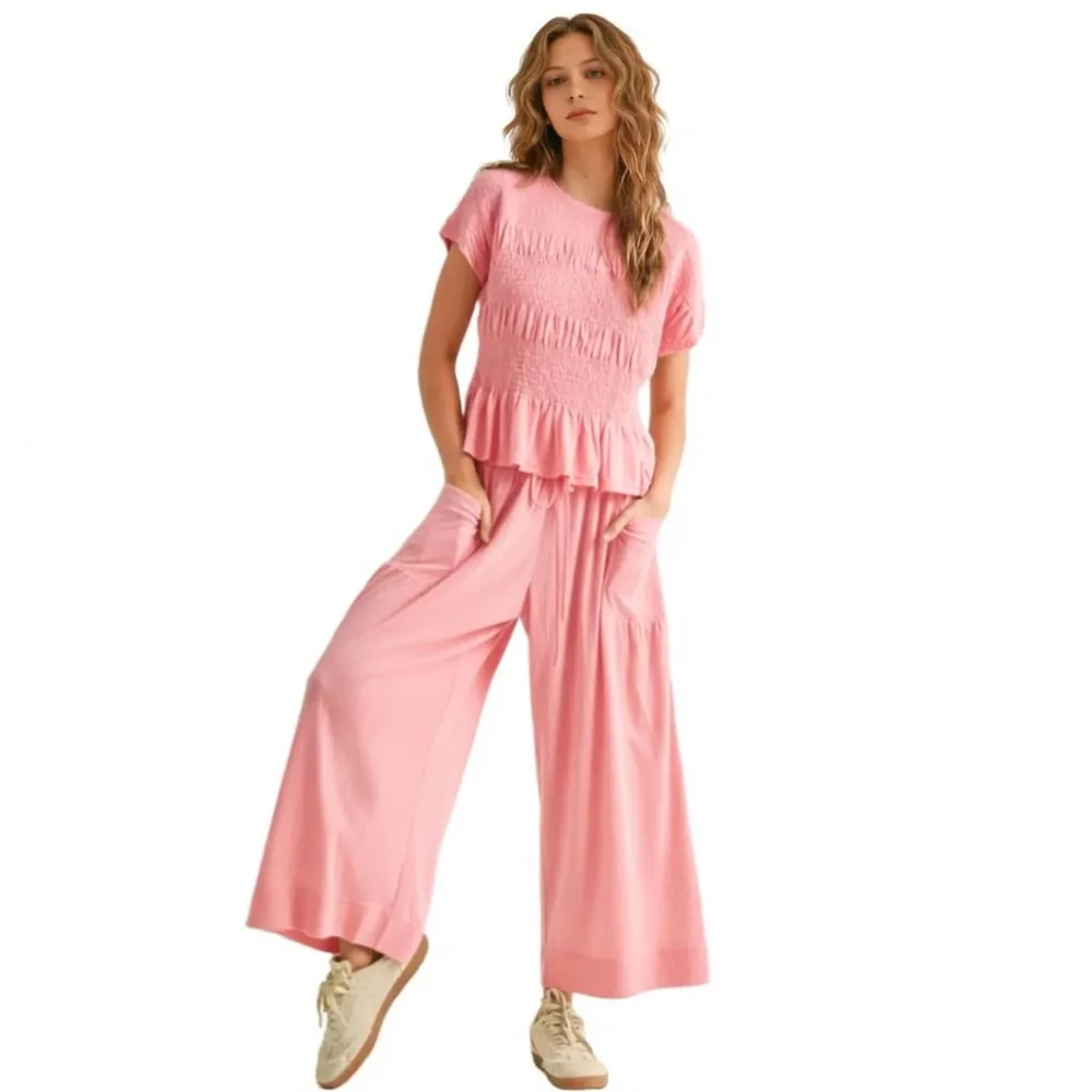 Women’s 2-Piece Smocked Top & Wide-Leg Pants Set-Aldronix