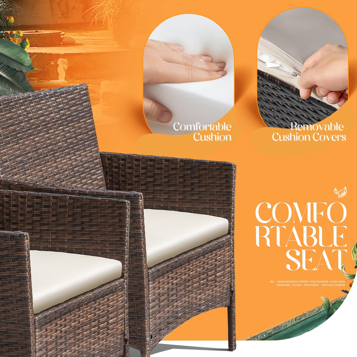 4 Pieces Patio Conversation Set Outdoor PE Rattan Wicker Chairs Set and Table, Brown-Aldronix