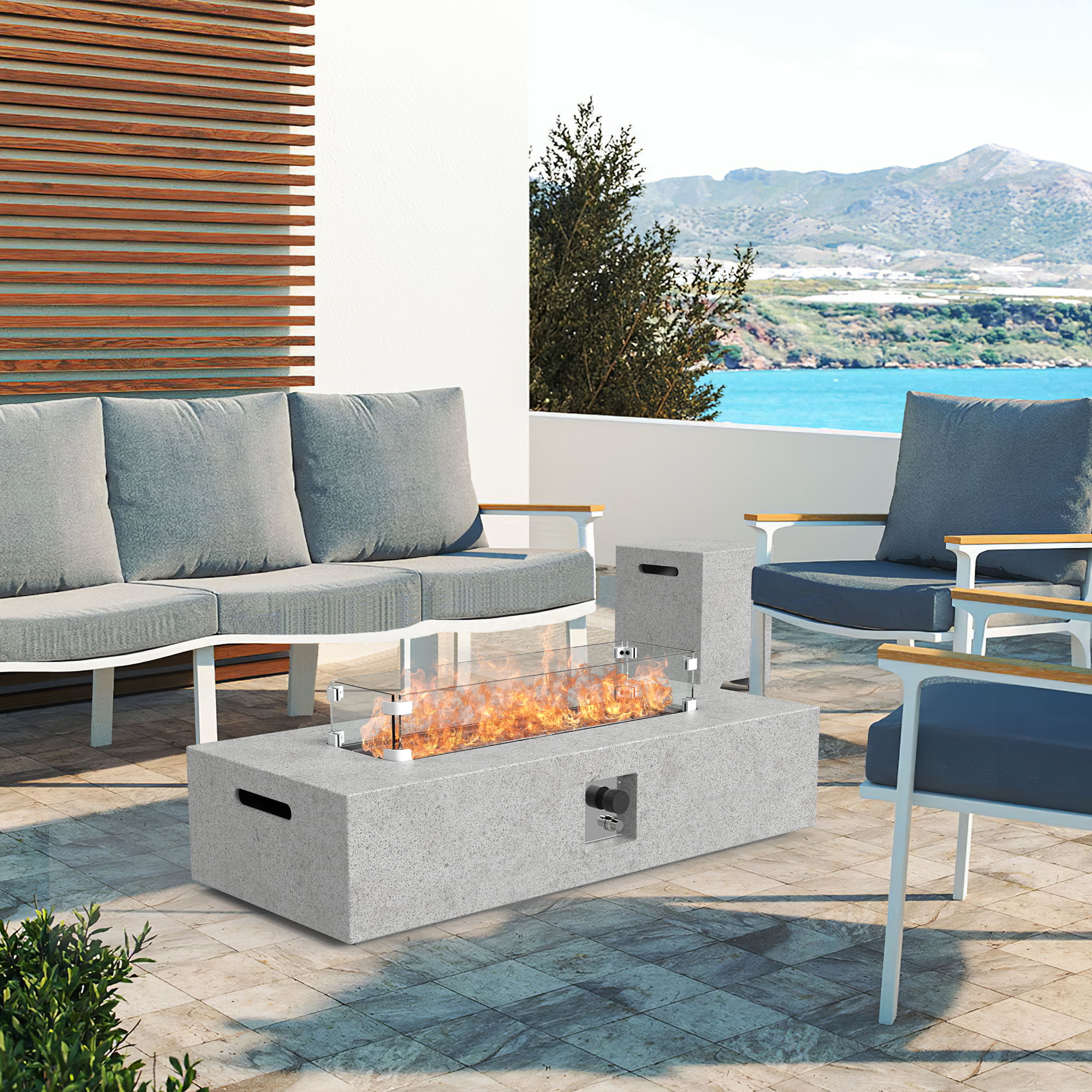 56 inch Concrete Propane Fire Pit Table, 50,000 BTU Outdoor Firepit Rectangular Table with Propane Tank Metal Stand, Fire Glass Beads and Waterproof Cover, White-Aldronix