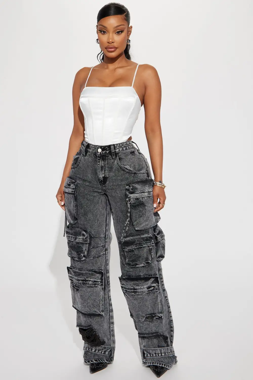 Millie Non Stretch Ripped Cargo Jeans - Acid Wash Black-Aldronix