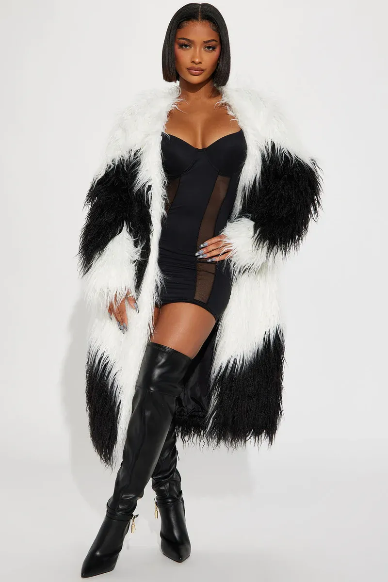 Divine Faux Fur Coat - Black/White-Aldronix