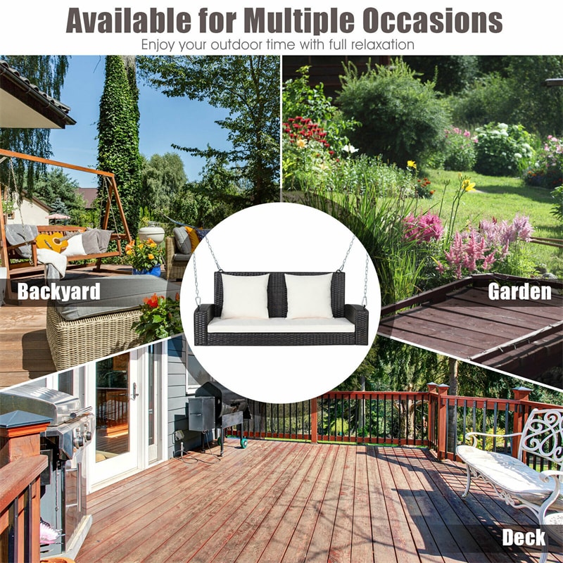 2-Person Outdoor Wicker Hanging Porch Swing Bench with 3 Cushions-Aldronix