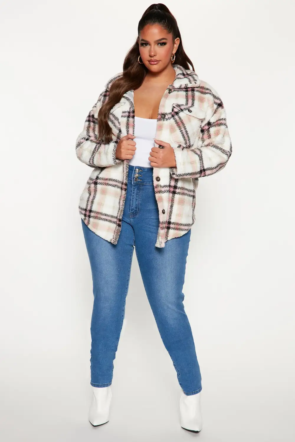 Shirt Jacket Sherpa Shacket - Pink/combo-Aldronix