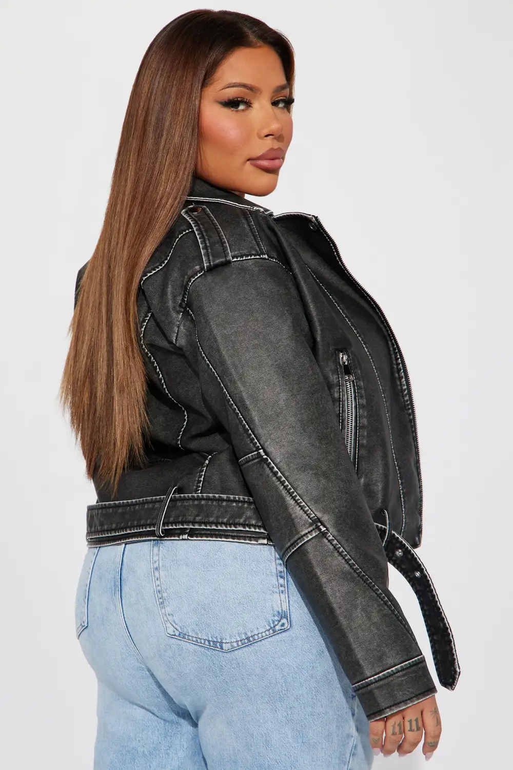 My Time Washed Faux Leather Moto Jacket - Charcoal-Aldronix