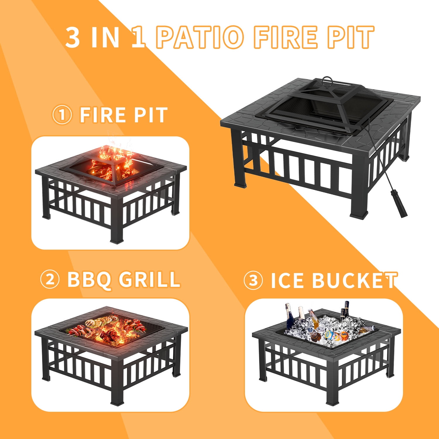 32" Patio Square Fire Pit Table for Patio Backyard BBQ, Ice Storage with Mesh Lid, Poker and Cover, Black-Aldronix