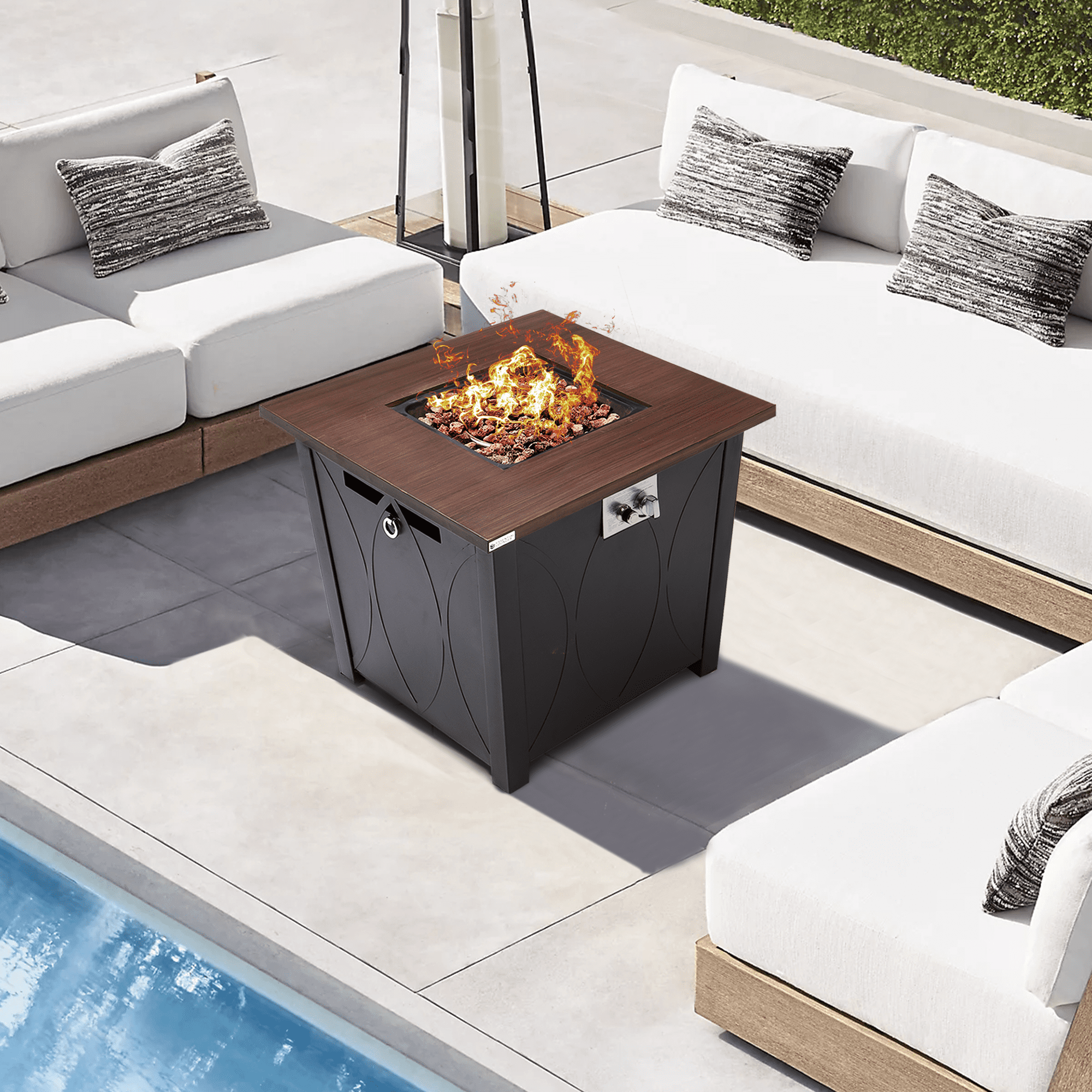 28" Propane Gas Fire Pit Table, 50000 BTU Steel Fire Table with Lid and Waterproof Cover, Black-Aldronix