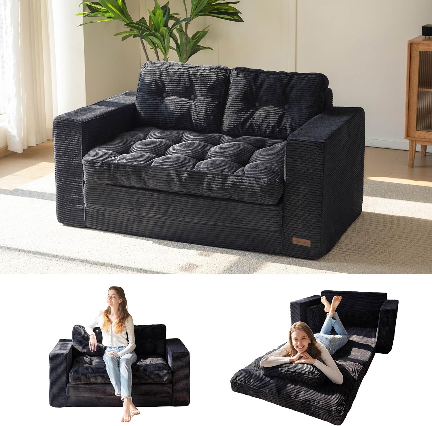  Convertible Sofa Bed, Pull Out Loveseat Sleeper Sofa, 2 in 1 Folding Couch Bed, Fold Out Floor Couch with Pillows for Living Room Bedroom Lounge, Beige-Aldronix