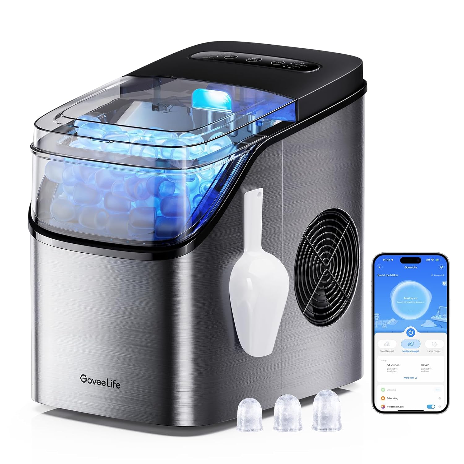 GoveeLife Smart Ice Maker Countertop, Portable Ice Machine with Voice Control, 9 Ice Cubes in 6 Minutes 3 Sizes, 26lbs/24Hrs, Self Cleaning RGB Lights, Quiet Ice Maker with Scoop for Kitchen Silver-Aldronix