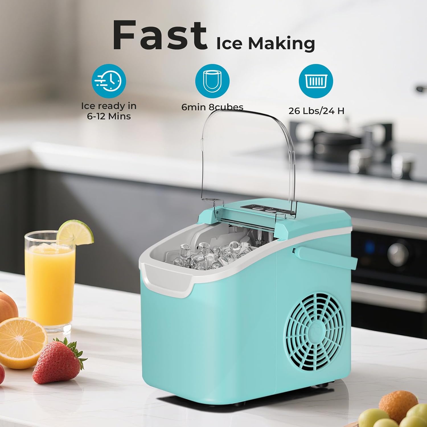 Ice Maker Countertop, Efficient Easy Carry Ice Machine, Self-Cleaning Ice Maker with Ice Scoop & Basket, 9pcs/ 8mins 26.6Lbs Per Day for Home/Office/Kitchen,Black-Aldronix