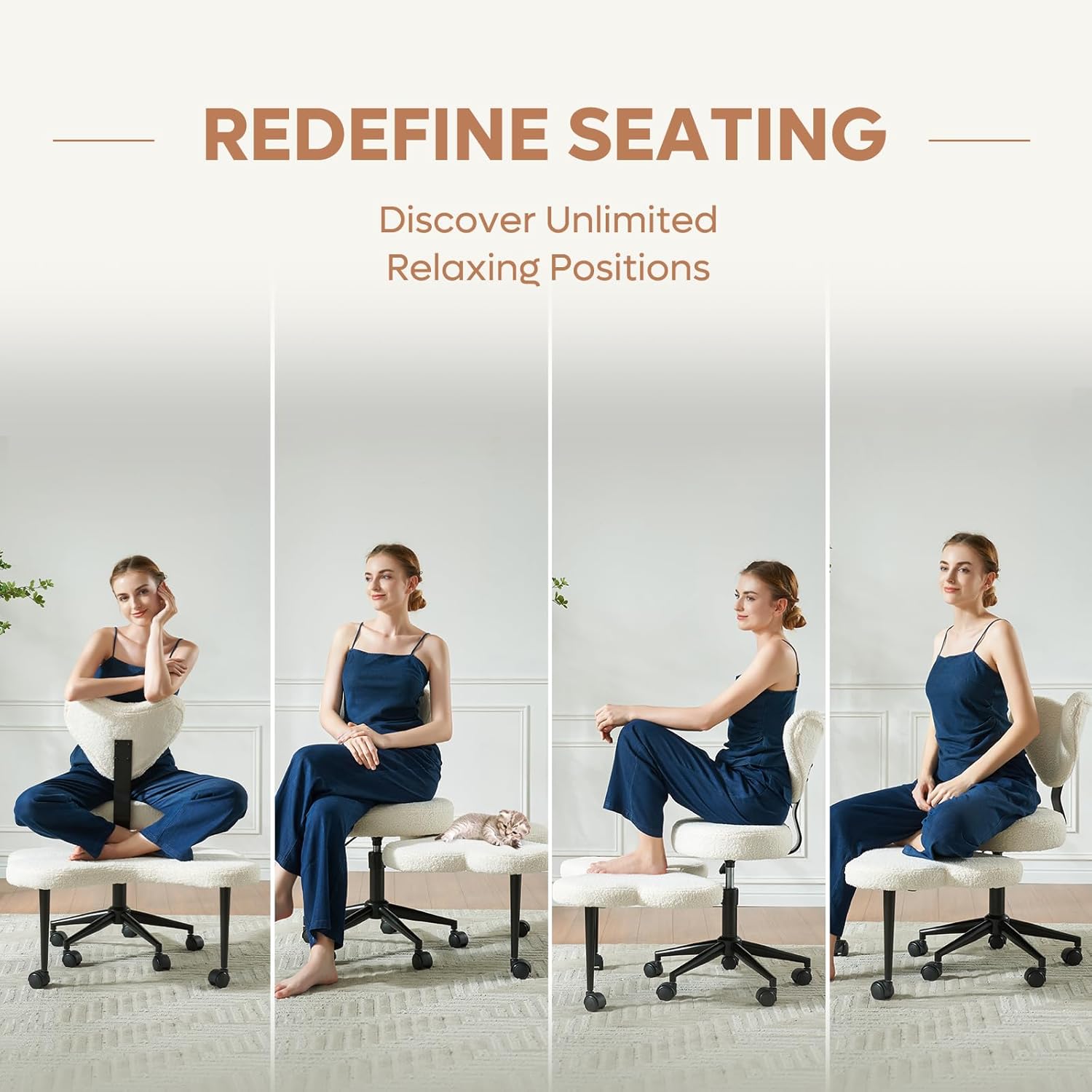 Ergonomic Cross Legged Chair, 360° Swivel Meditation Chair with Wheels, Height Adjustable Seat for ADHD, Strong Lumbar Support, Chic Home Office Furniture, Teddy Fabric, Off White-Aldronix