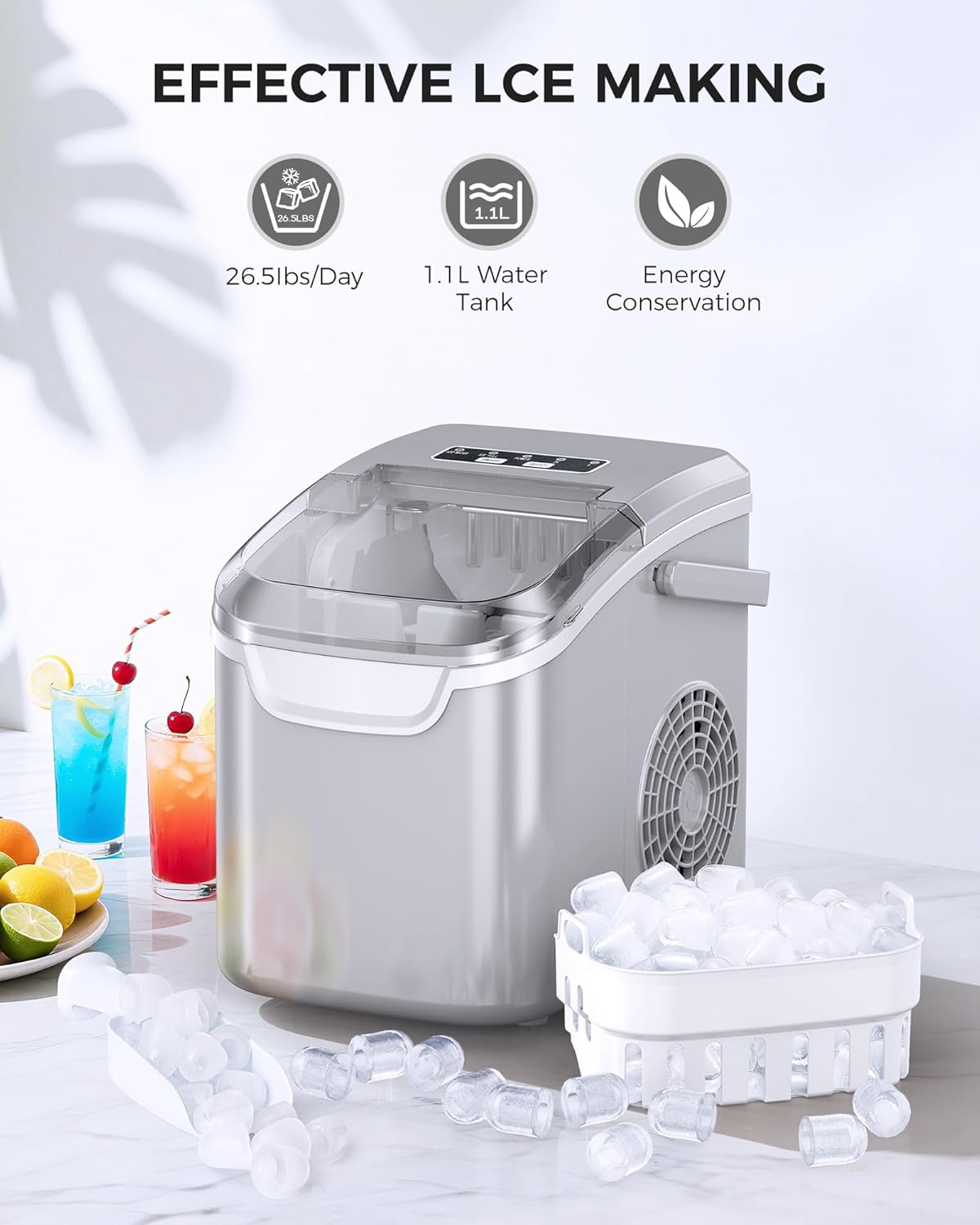 COWSAR Ice Maker Countertop, Portable Ice Machine with Self-Cleaning, 26.5 lbs/24Hrs, 8 Ice Cubes in 6 Mins, Ice Basket and Scoop, Ideal for Home, Kitchen, Bar, Camping-Aldronix