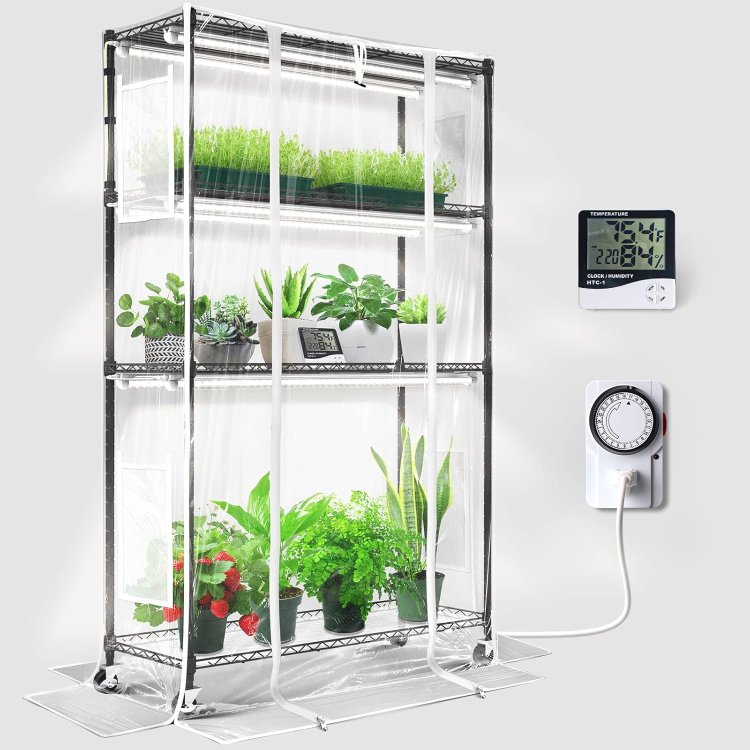 Mini Greenhouse with LED Grow Light for Indoor Plant, 4-Tier Portable Metal Plant Stand with Wheels, Plant Shelf with Tent, 6Pcs Plant Light with Timer and Thermo-Hygrometer, 35.4x13.8x59IN-Aldronix