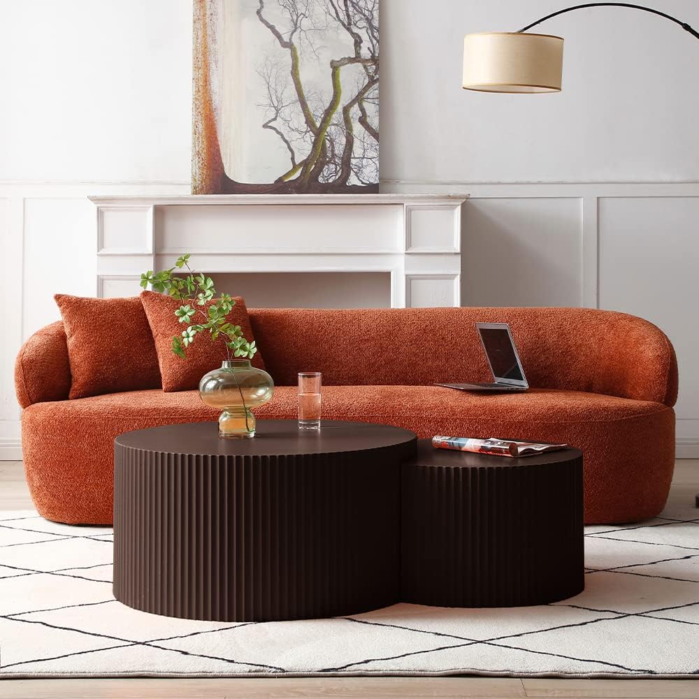 Nesting Coffee Table Set of 2, Round & Crescent Moon Wooden Coffee Tables, Modern Luxury Accent End Tea Table for Living Room Apartment (Black-Round)-Aldronix