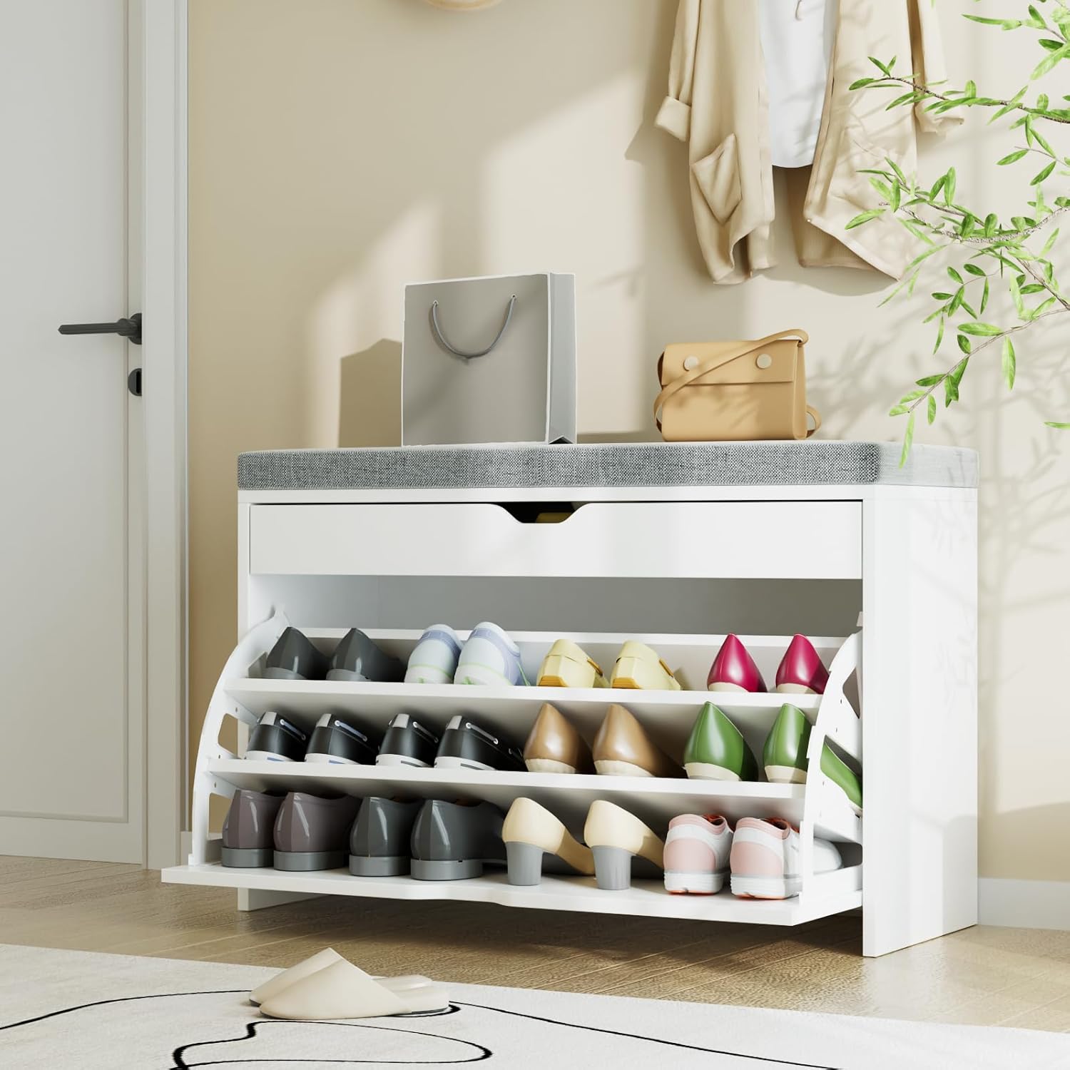  Shoe Storage Bench with 3-Tier Flip Drawer, Shoe Rack Bench with Adjustable Shelves & Hidden Storage Space, Shoe Organizer for Entryway, Hallway, Living Room, White-Aldronix