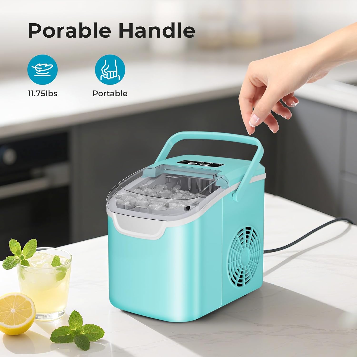 Ice Maker Countertop, Efficient Easy Carry Ice Machine, Self-Cleaning Ice Maker with Ice Scoop & Basket, 9pcs/ 8mins 26.6Lbs Per Day for Home/Office/Kitchen,Black-Aldronix