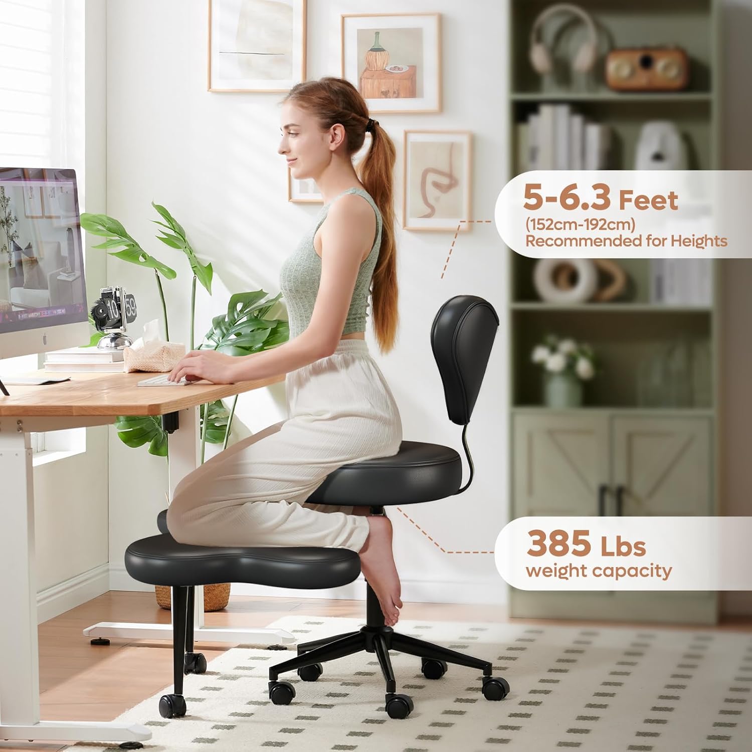 Ergonomic Cross Legged Chair, 360° Swivel Meditation Chair with Wheels, Height Adjustable Seat for ADHD, Strong Lumbar Support, Chic Home Office Furniture, Teddy Fabric, Off White-Aldronix