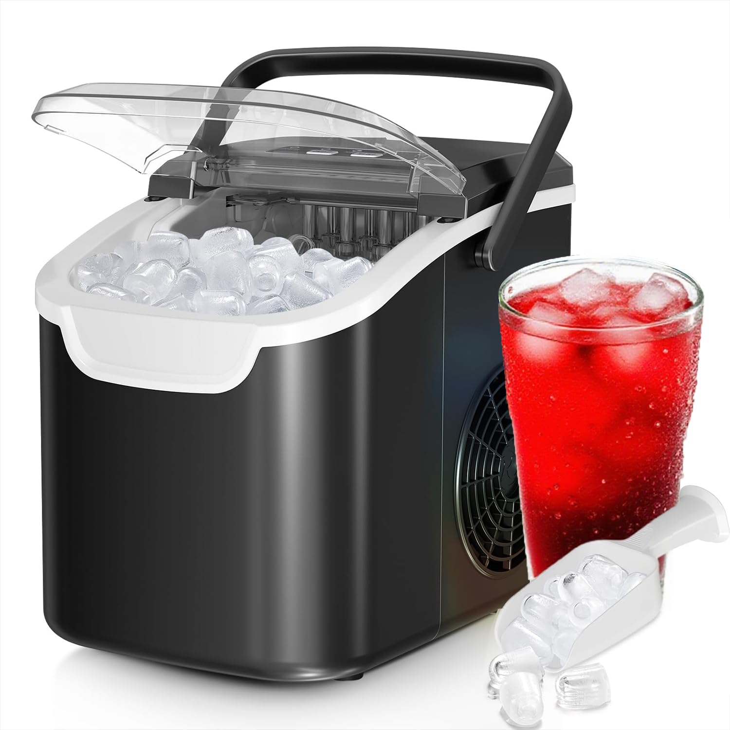 Ice Maker Countertop, Efficient Easy Carry Ice Machine, Self-Cleaning Ice Maker with Ice Scoop & Basket, 9pcs/ 8mins 26.6Lbs Per Day for Home/Office/Kitchen,Black-Aldronix