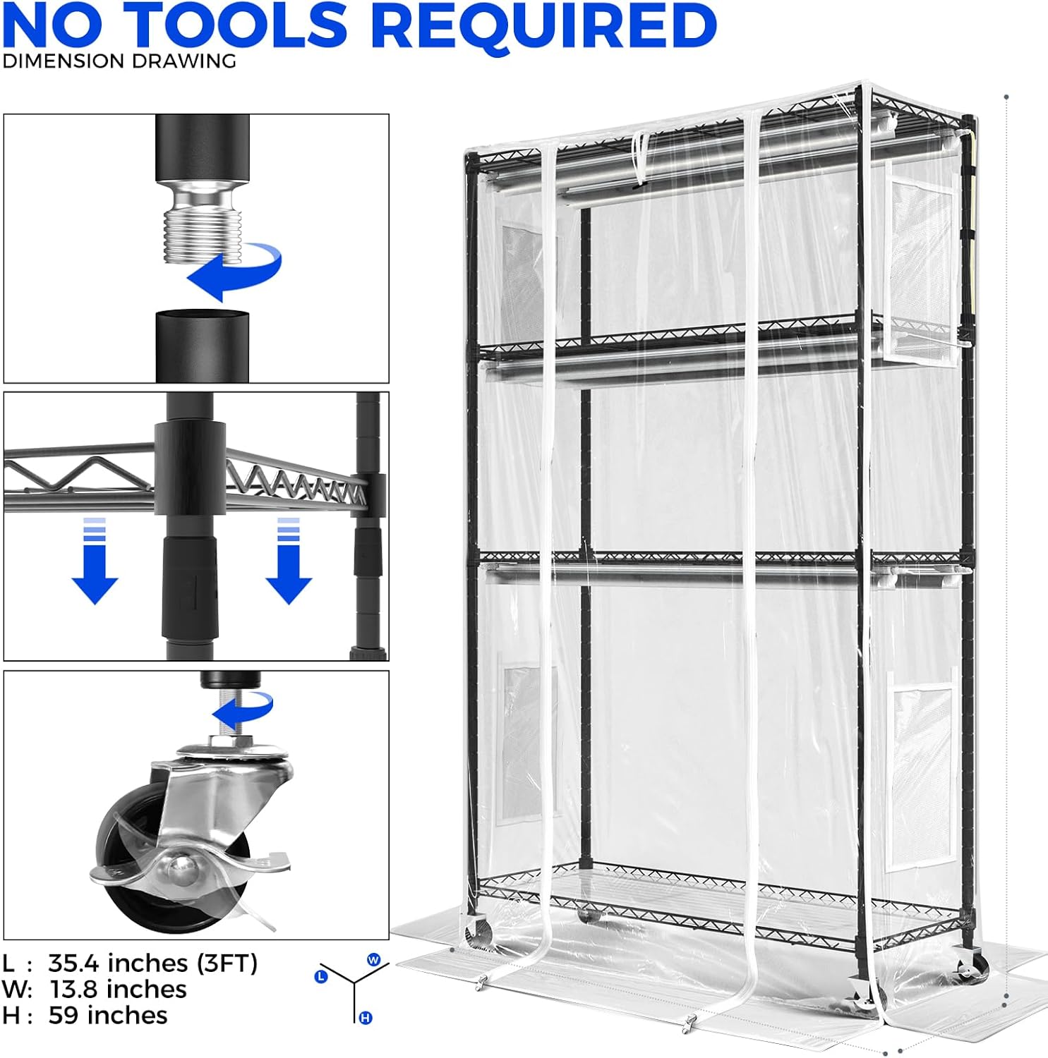 Mini Greenhouse with LED Grow Light for Indoor Plant, 4-Tier Portable Metal Plant Stand with Wheels, Plant Shelf with Tent, 6Pcs Plant Light with Timer and Thermo-Hygrometer, 35.4x13.8x59IN-Aldronix