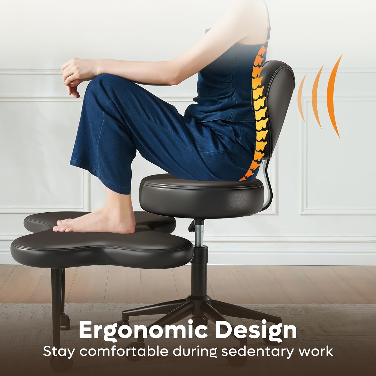 Ergonomic Cross Legged Chair, 360° Swivel Meditation Chair with Wheels, Height Adjustable Seat for ADHD, Strong Lumbar Support, Chic Home Office Furniture, Teddy Fabric, Off White-Aldronix