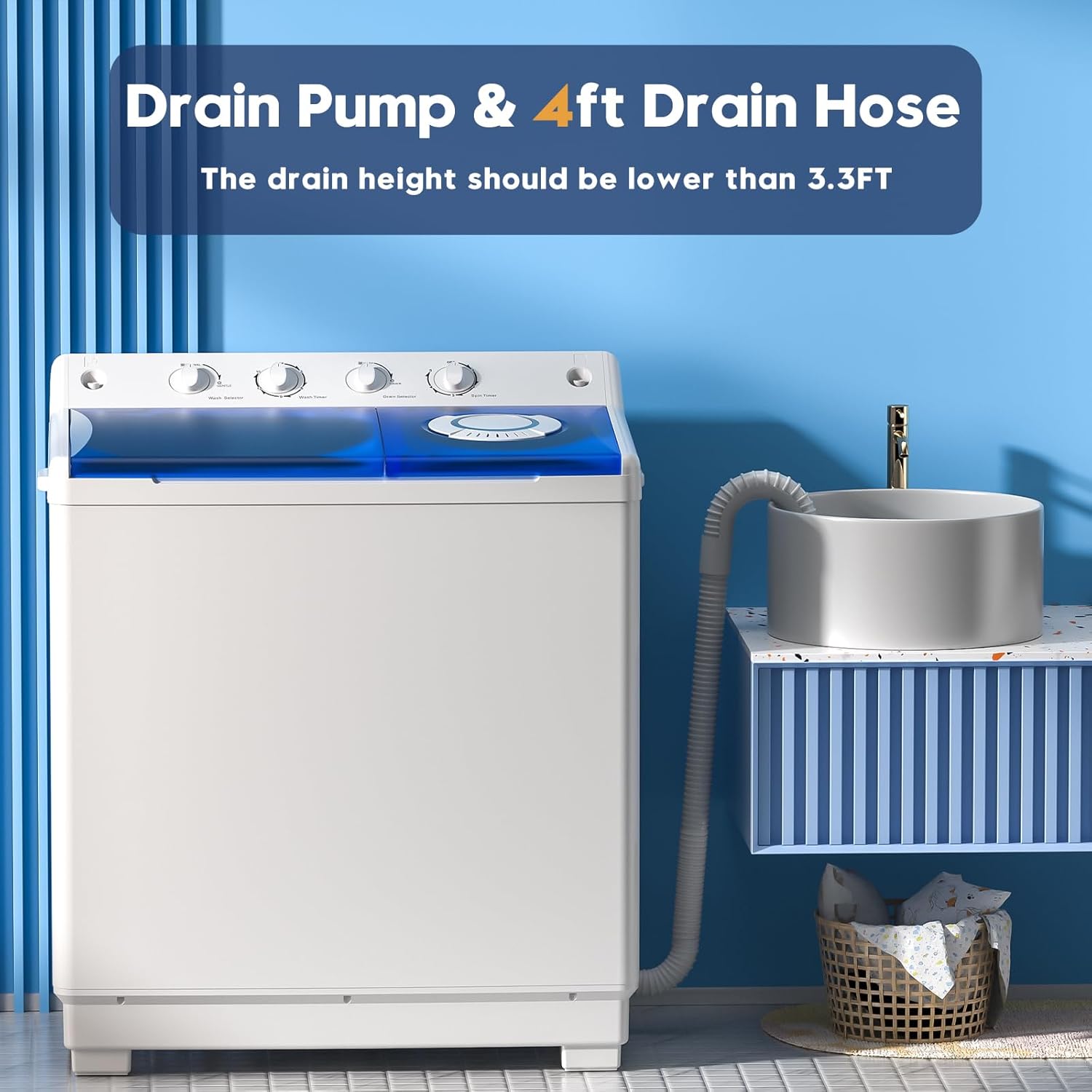 Auertech Portable Washing Machine, 28lbs Twin Tub Washer Mini Compact Laundry Machine with Drain Pump, Semi-automatic 18lbs Washer 10lbs Spinner Combo for Dorms, Apartments, RVs-Aldronix