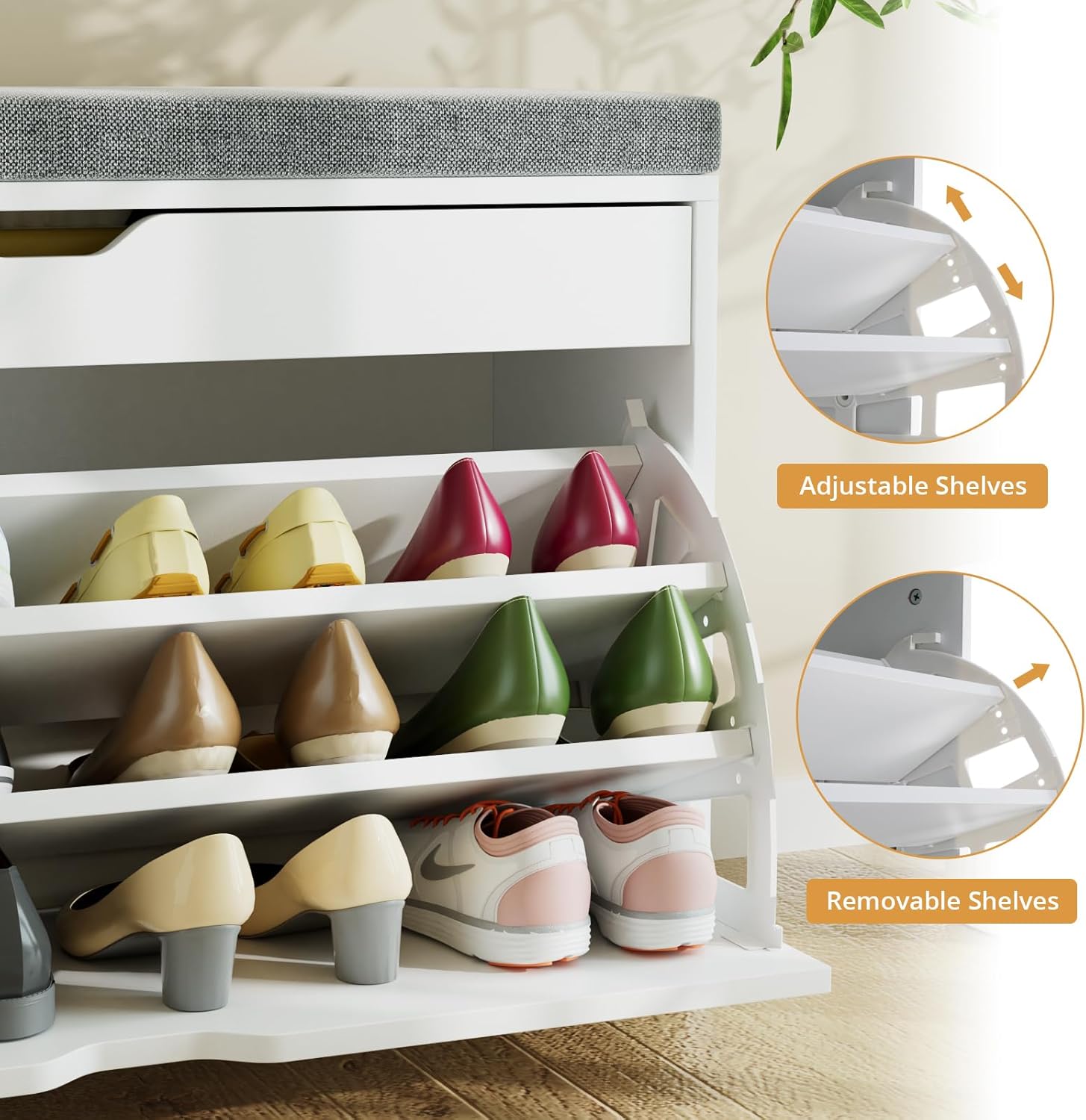  Shoe Storage Bench with 3-Tier Flip Drawer, Shoe Rack Bench with Adjustable Shelves & Hidden Storage Space, Shoe Organizer for Entryway, Hallway, Living Room, White-Aldronix