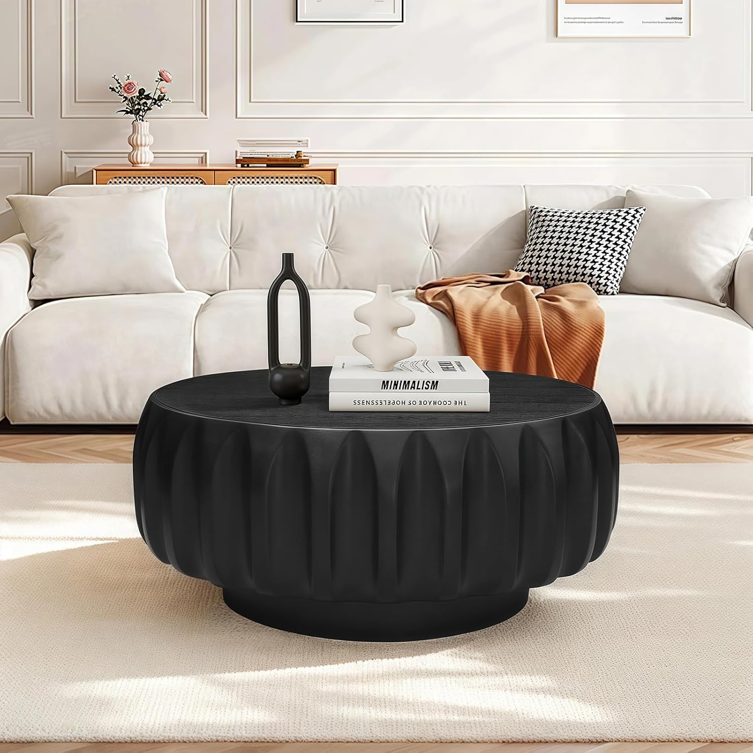 Nesting Coffee Table Set of 2, Round & Crescent Moon Wooden Coffee Tables, Modern Luxury Accent End Tea Table for Living Room Apartment (Black-Round)-Aldronix