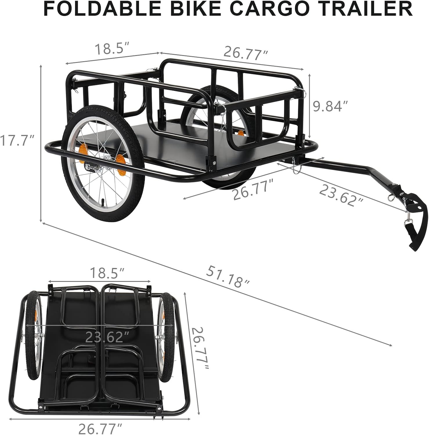 Foldable Bike Cargo Trailer with Universal Bike Hitch, 16" Wheels & Reflectors, Large Loading Storage Cart-Aldronix