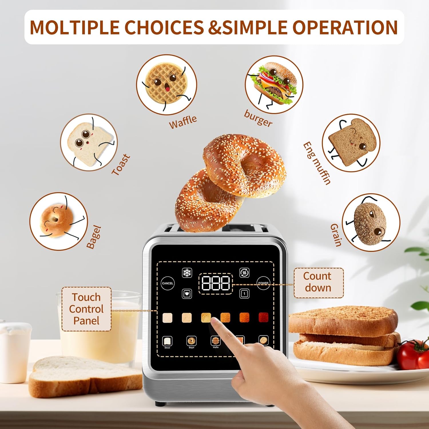 Toaster Touch Screen Toaster 2 Slice with LCD Display Stainless Steel Digital Timer Toasters 6 Bread Types& 6 Shade Settings Smart Extra Wide Slots Tostadora With Bagel Cancel,Defrost Functions-Aldronix