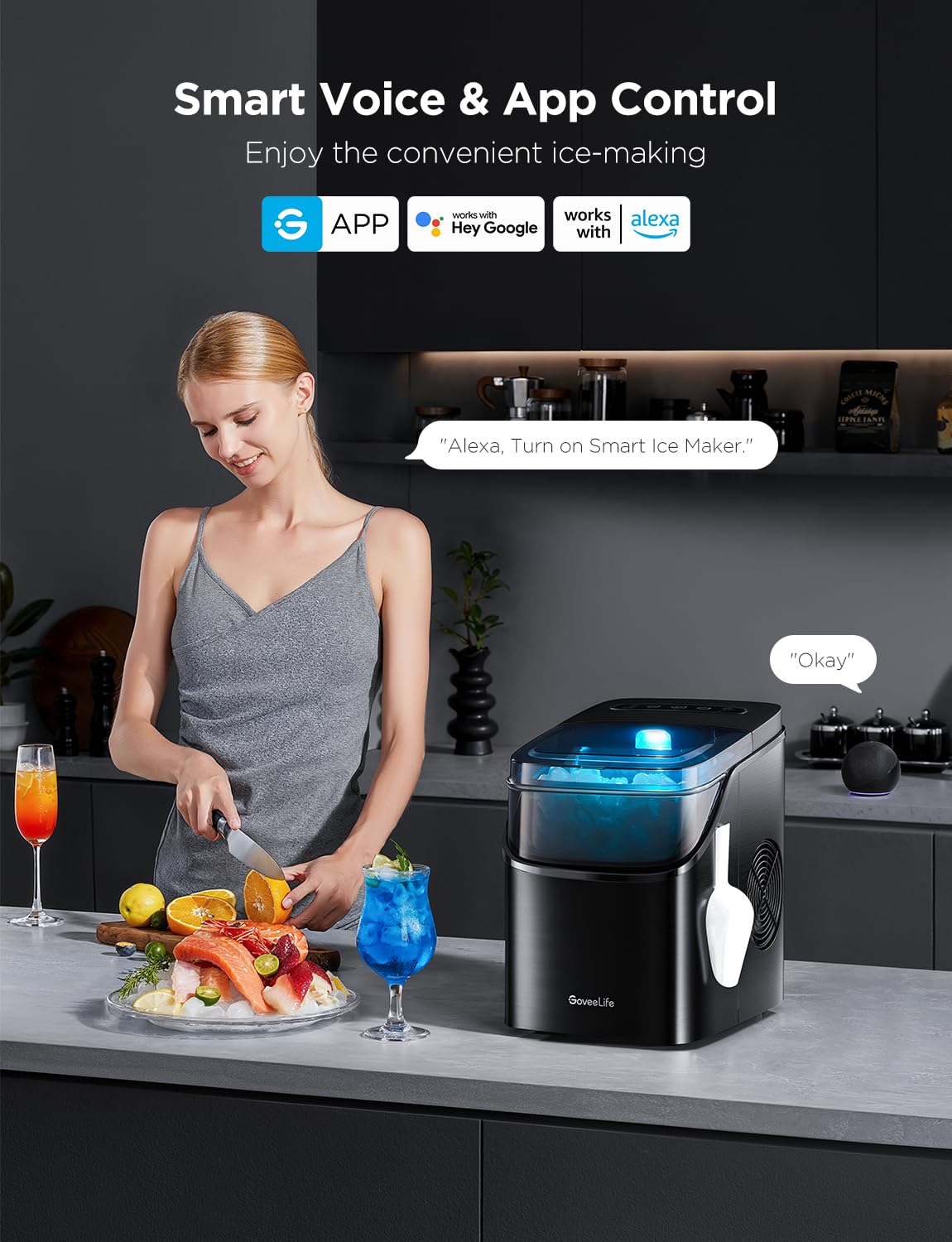 GoveeLife Smart Ice Maker Countertop, Portable Ice Machine with Voice Control, 9 Ice Cubes in 6 Minutes 3 Sizes, 26lbs/24Hrs, Self Cleaning RGB Lights, Quiet Ice Maker with Scoop for Kitchen Silver-Aldronix