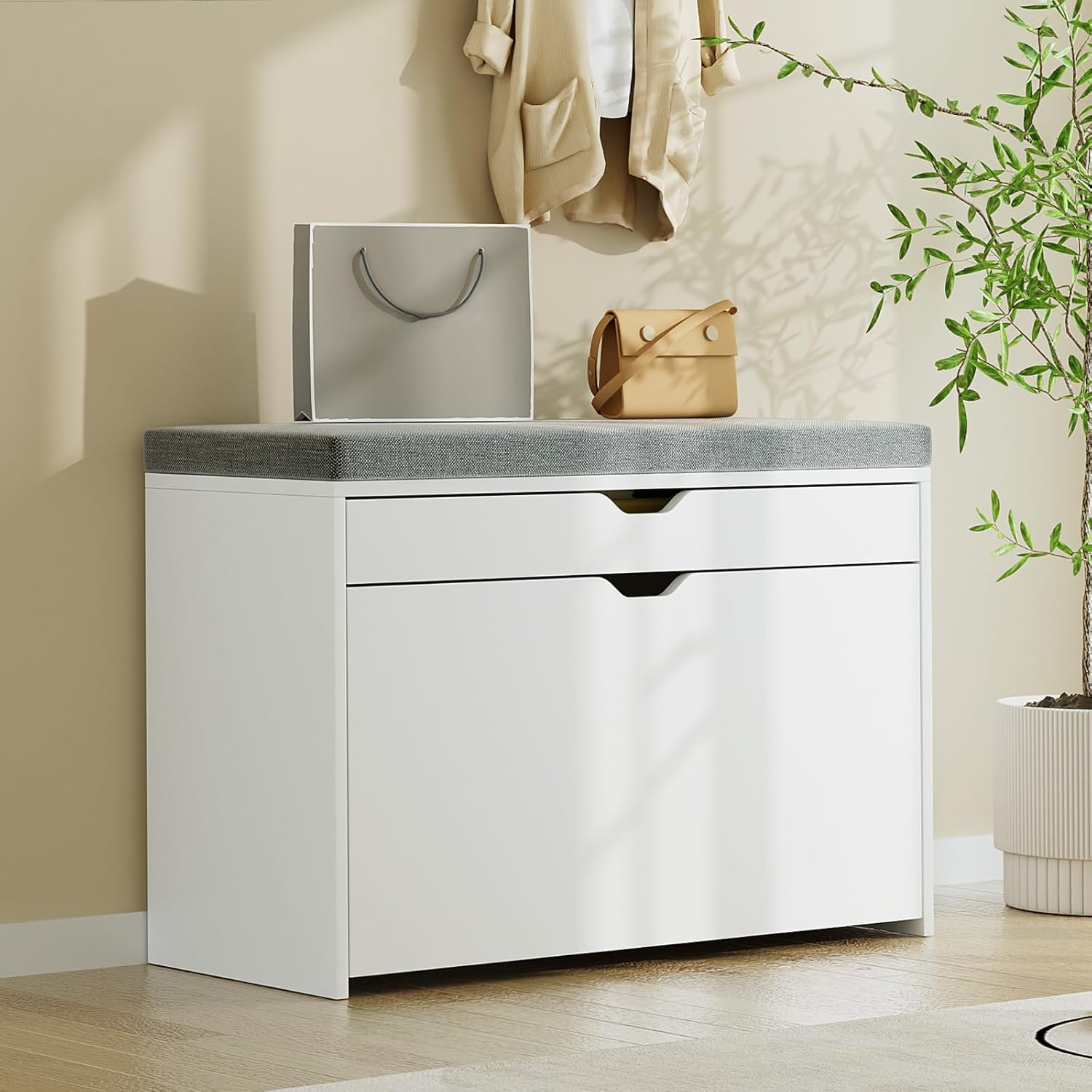  Shoe Storage Bench with 3-Tier Flip Drawer, Shoe Rack Bench with Adjustable Shelves & Hidden Storage Space, Shoe Organizer for Entryway, Hallway, Living Room, White-Aldronix