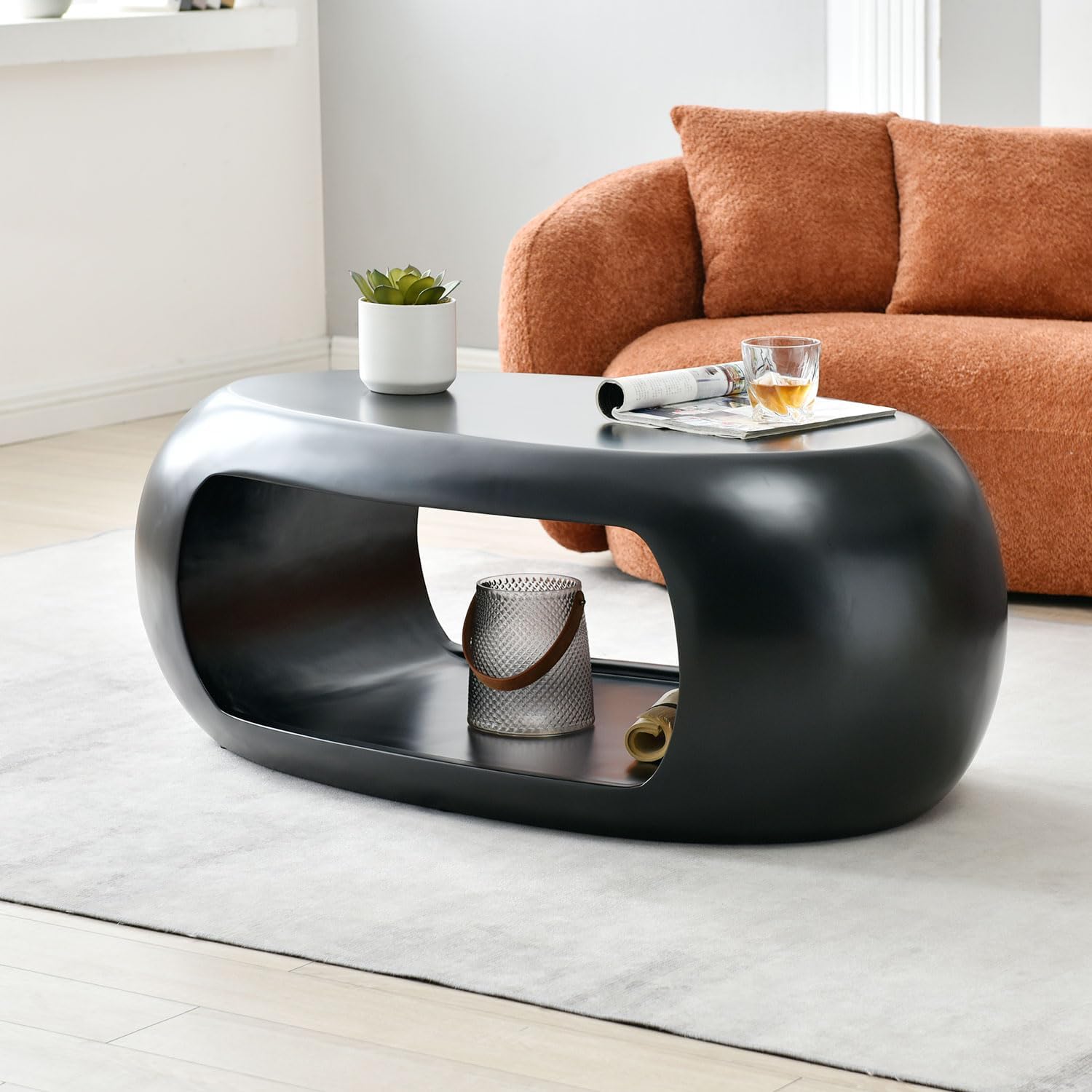 Nesting Coffee Table Set of 2, Round & Crescent Moon Wooden Coffee Tables, Modern Luxury Accent End Tea Table for Living Room Apartment (Black-Round)-Aldronix